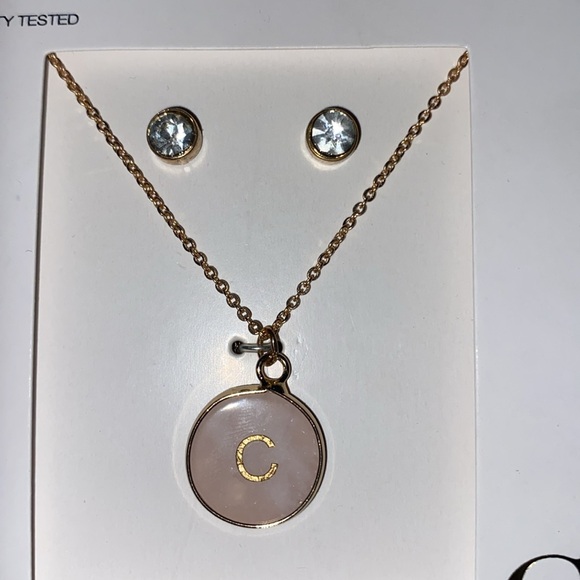 Genuine Rose Quartz with "C" Initial Disc Necklace and Earring Set 18.5” - Picture 6 of 12